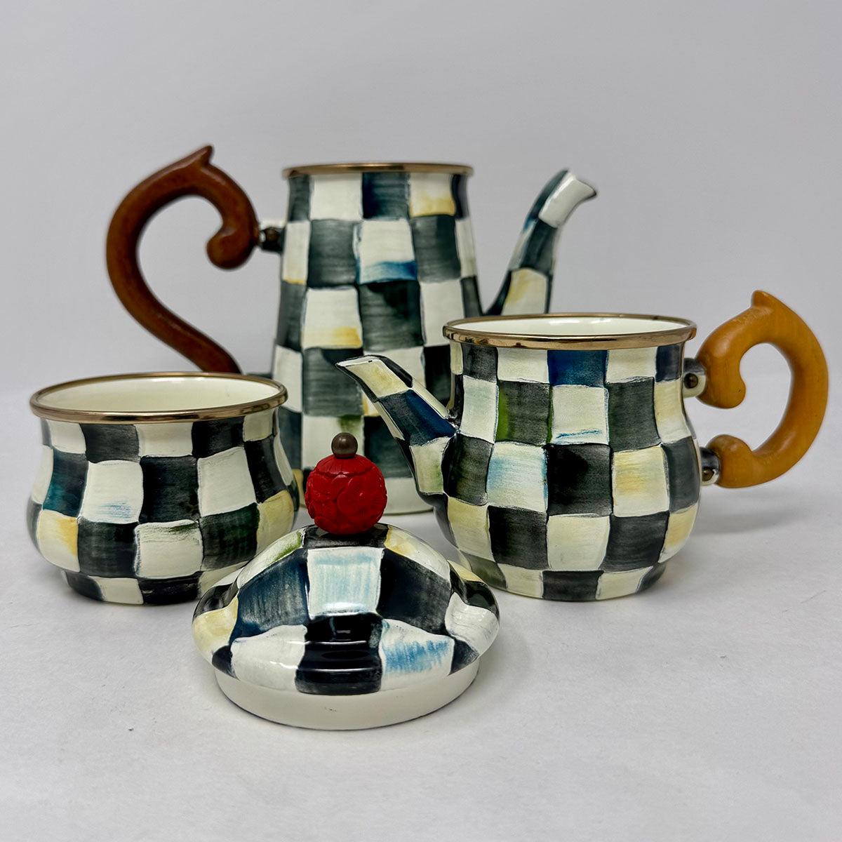 Mackenzie-childs coffee pot, creamer, sugar stacking set (4 pieces)