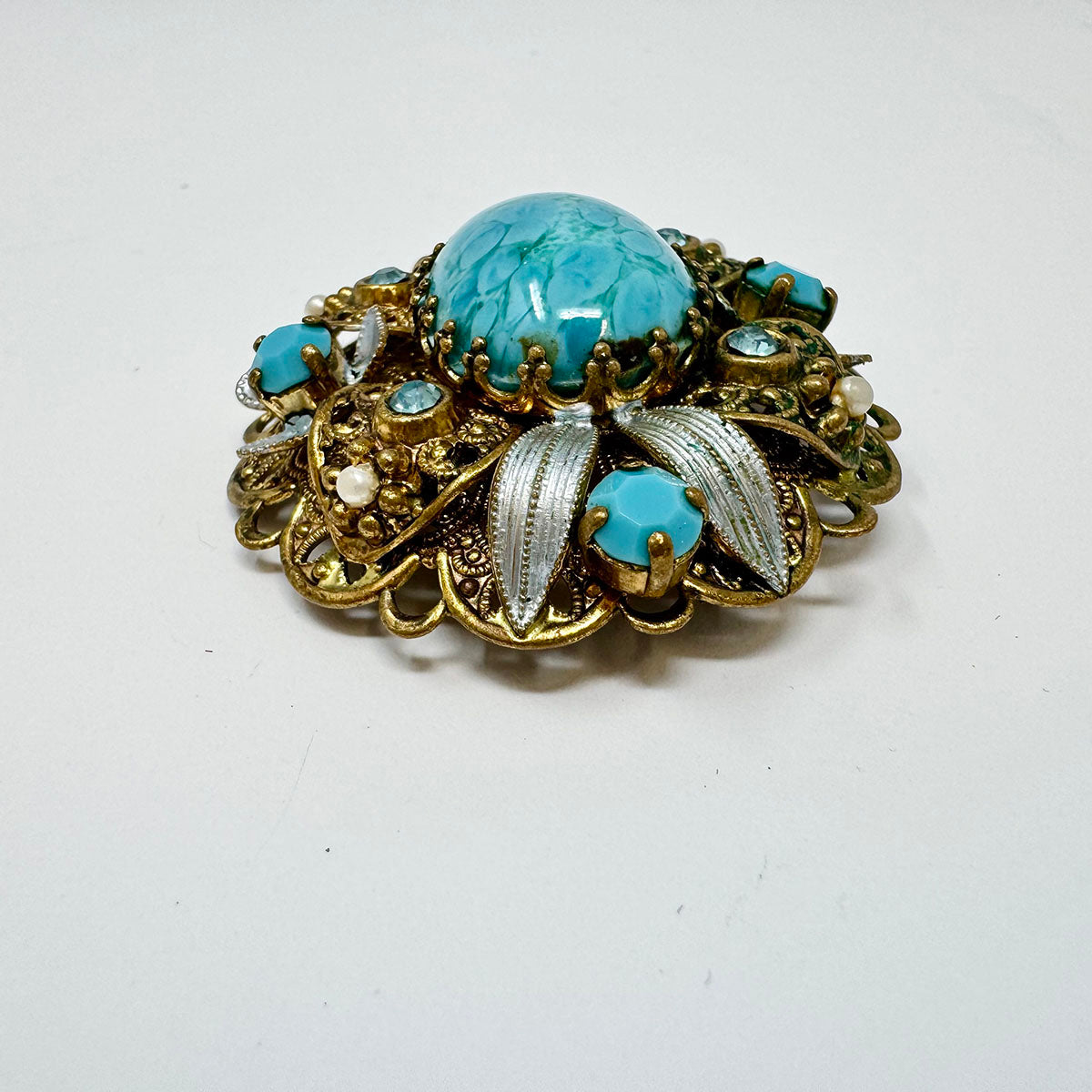 Vintage West German Filigree Brooch Pin with Turquoise GLass Rhinestones