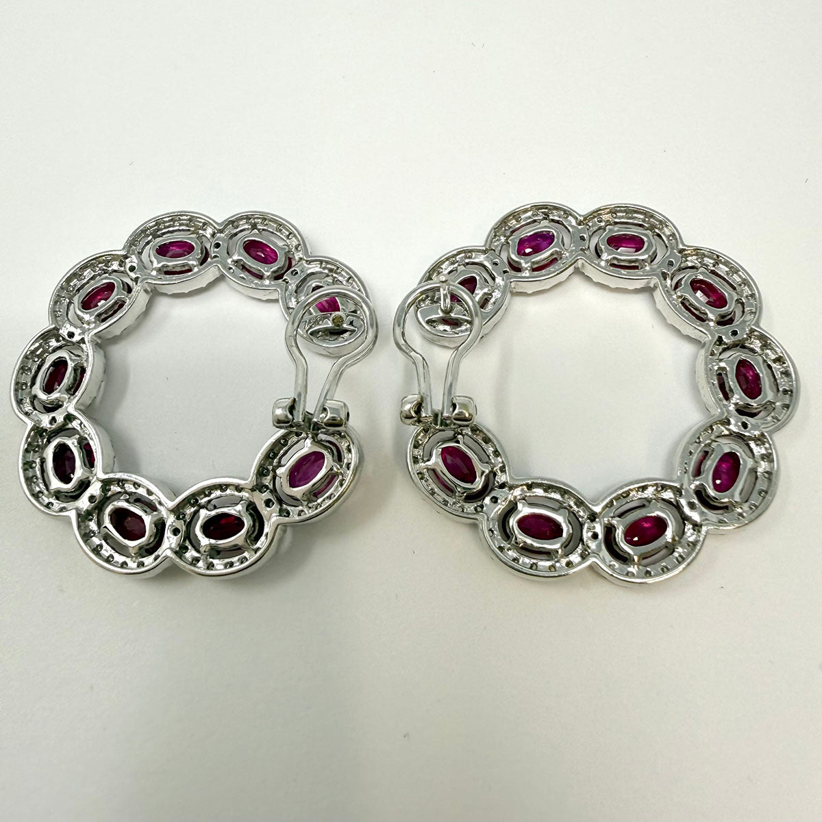 Hasbani 18K White Gold Round Earrings with Ruby and Diamonds