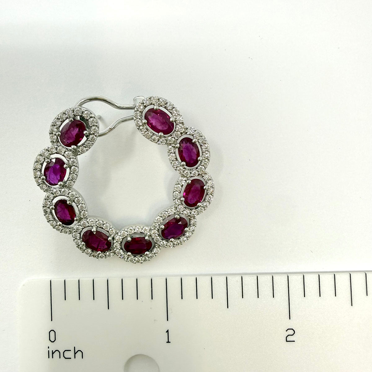 Hasbani 18K White Gold Round Earrings with Ruby and Diamonds