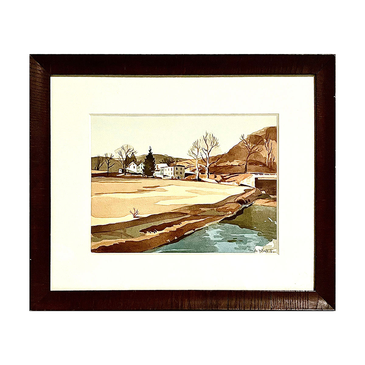 Watercolor Landscape with River and Bridge Signed
