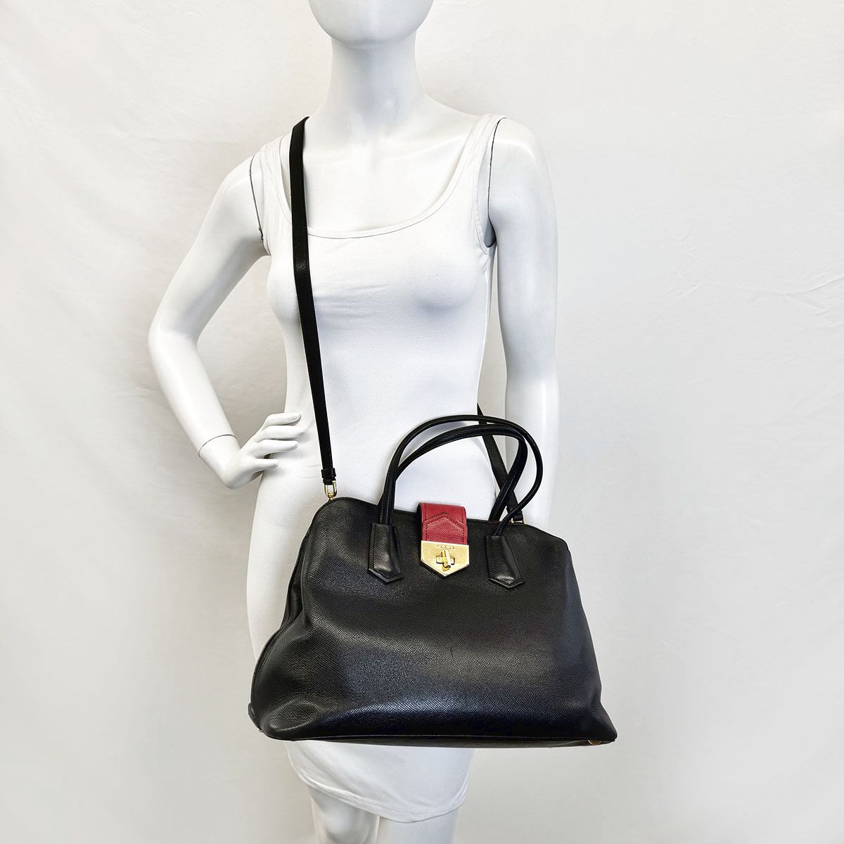Prada Double Handle Tote with Red Strap