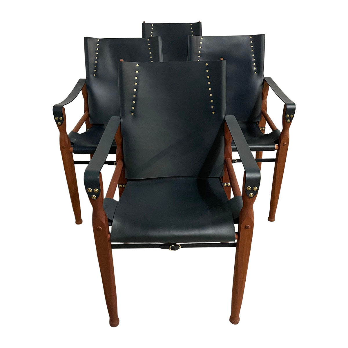 Set of 4  Leather & Wood Safari Lounge Chairs