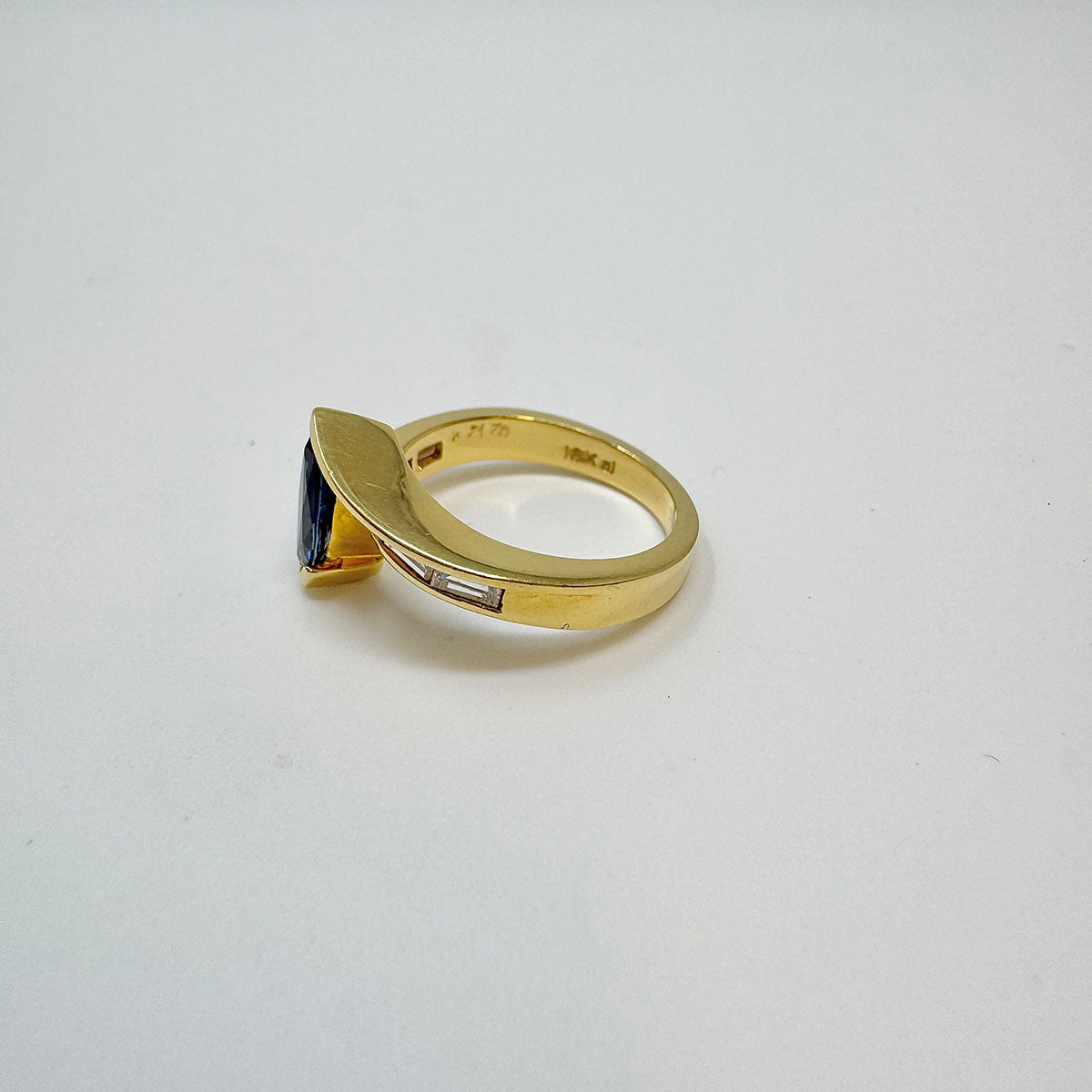 Armand Jacoby 18K Gold Ring with 6 Baguette Diamonds and Sapphire