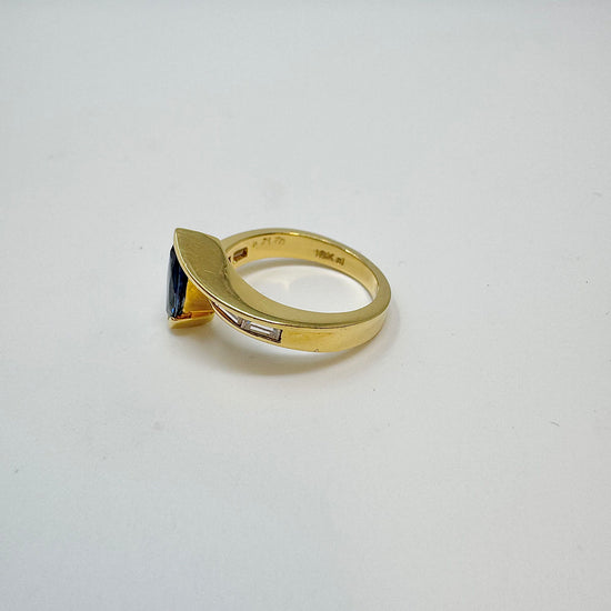 Armand Jacoby 18K Gold Ring with 6 Baguette Diamonds and Sapphire