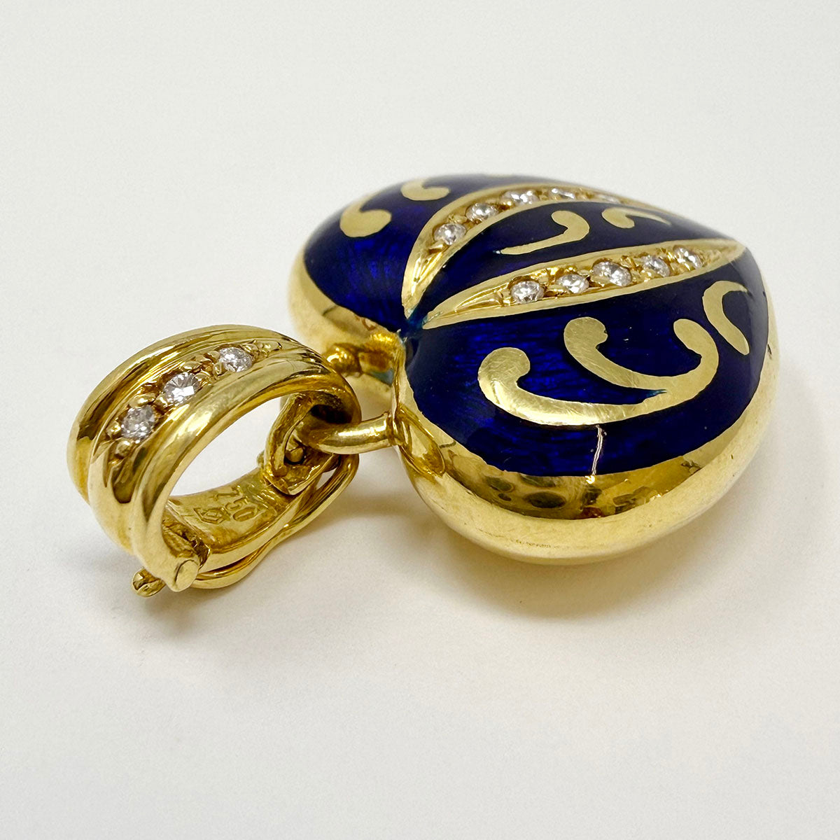 Faberge 18K Gold Heart Shaped Pendant with Blue Enamel and Diamonds