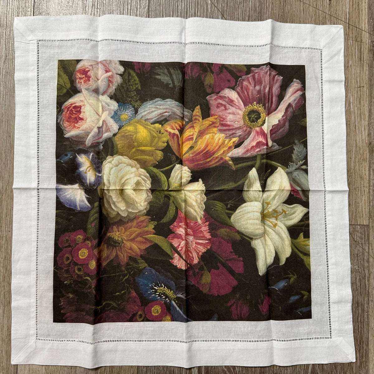 12 linen floral napkins Nicolette Meyer collection hemstitch