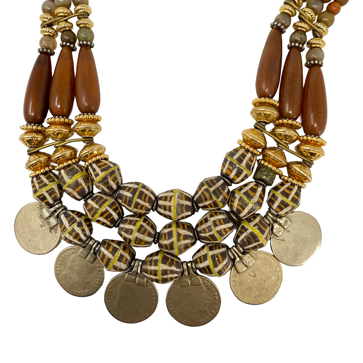 Masha Archer Painted African Trade & Gold Bead Necklace