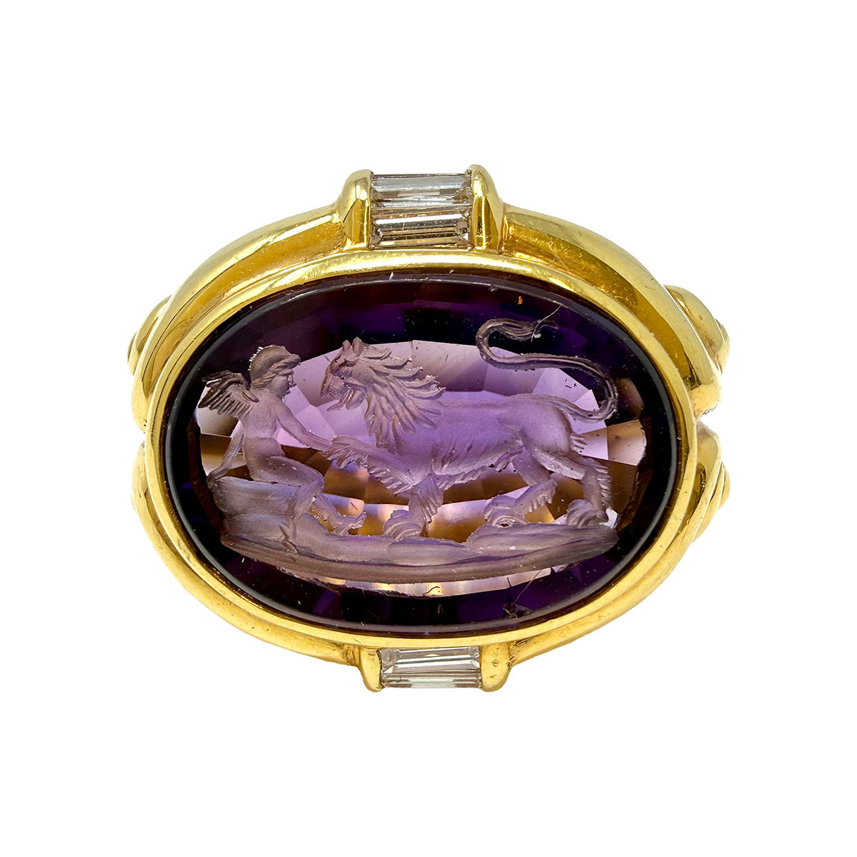 Susan Berman 18K Gold Ring with Carved Intaglio Amethyst and Diamonds