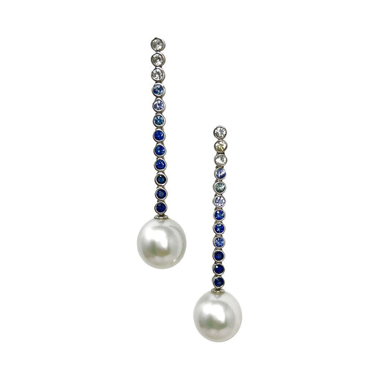 18K White Gold Drop Earrings with Sapphire and South Sea Pearl