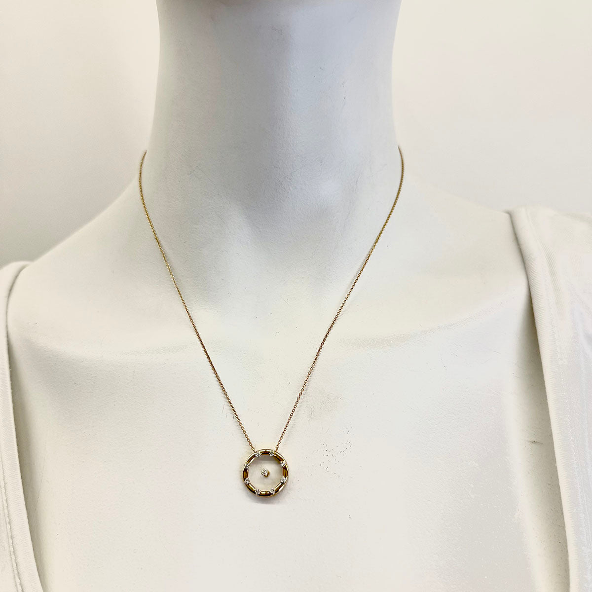 14K Gold Necklace with Circle Pendant with 9 Diamonds