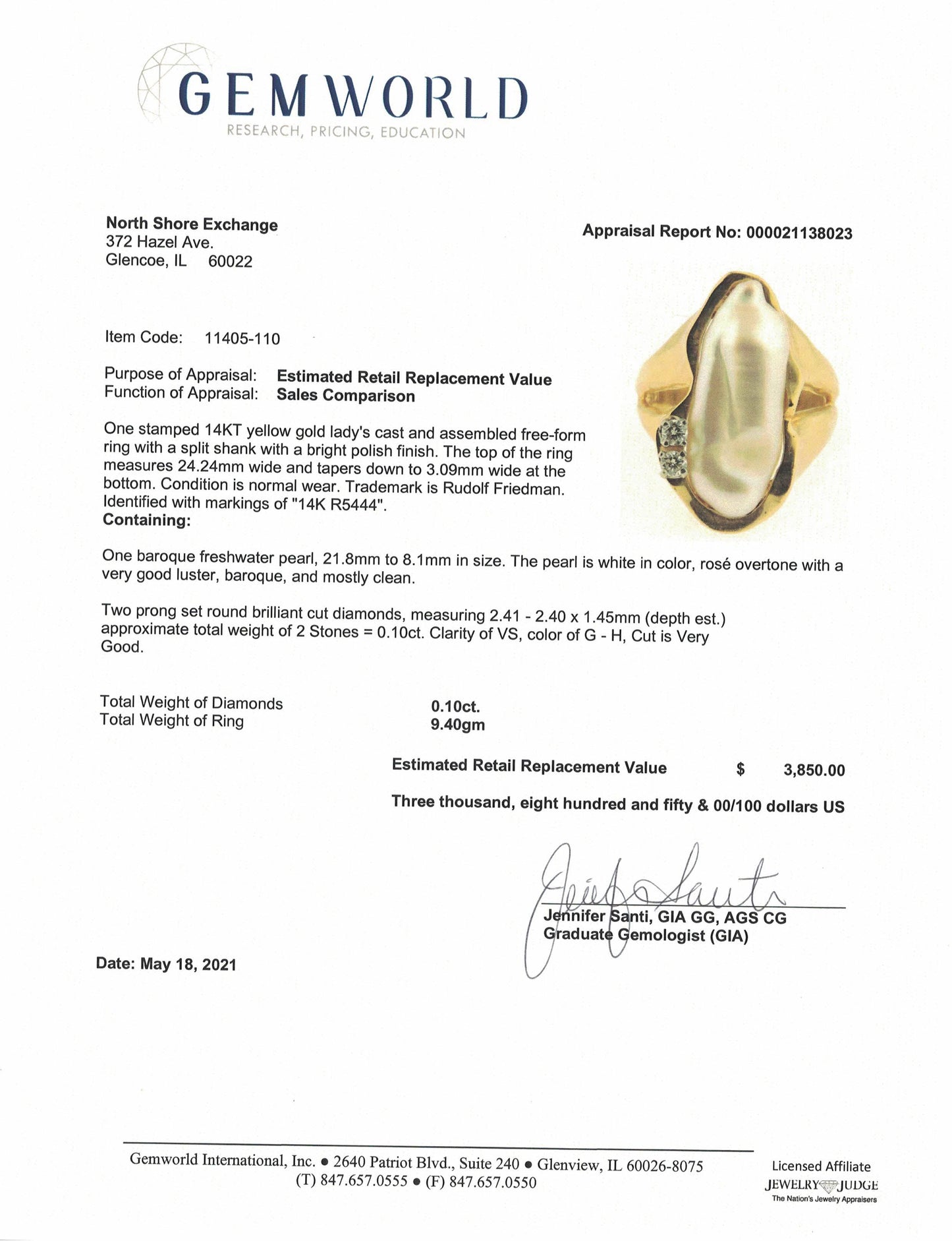 14K Yellow Gold Rudolph Friedman Ring with Elongated Pearl and 2 Diamonds
