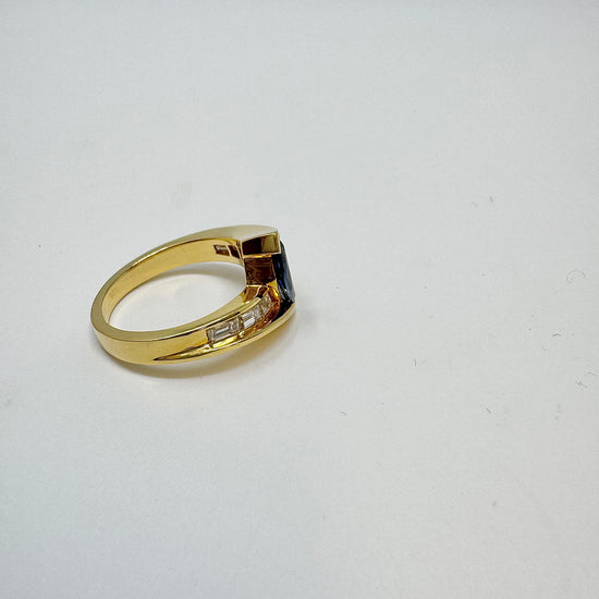 Armand Jacoby 18K Gold Ring with 6 Baguette Diamonds and Sapphire