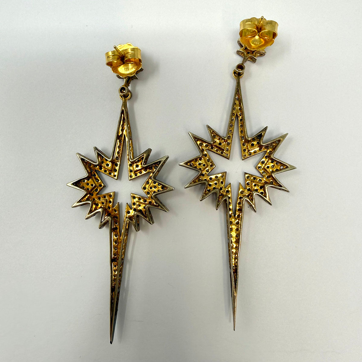 Sterling and Gold Plated Celestial Star Drop Earrings with Pave Diamonds