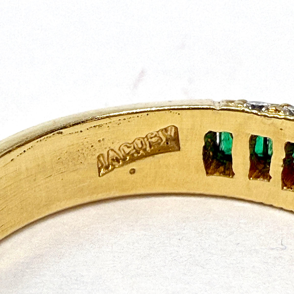 18K Gold Ring with13 Channel Set Square Emeralds and 28 Diamonds