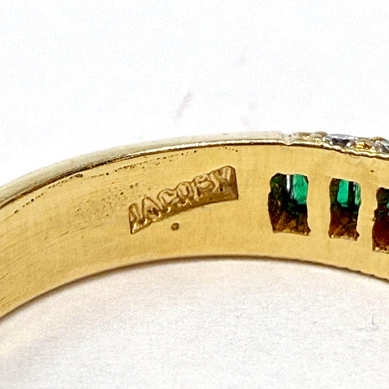18K Gold Ring with13 Channel Set Square Emeralds and 28 Diamonds