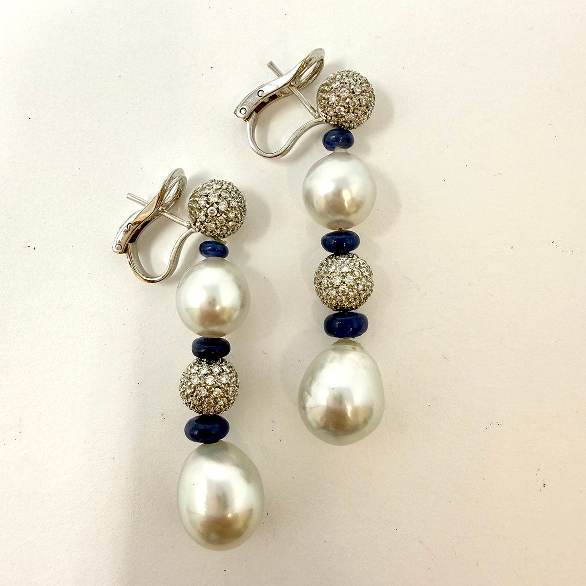 18K White Gold Drop Earrings with 2 Diamond Balls and 2 South Sea Cultured Pearl