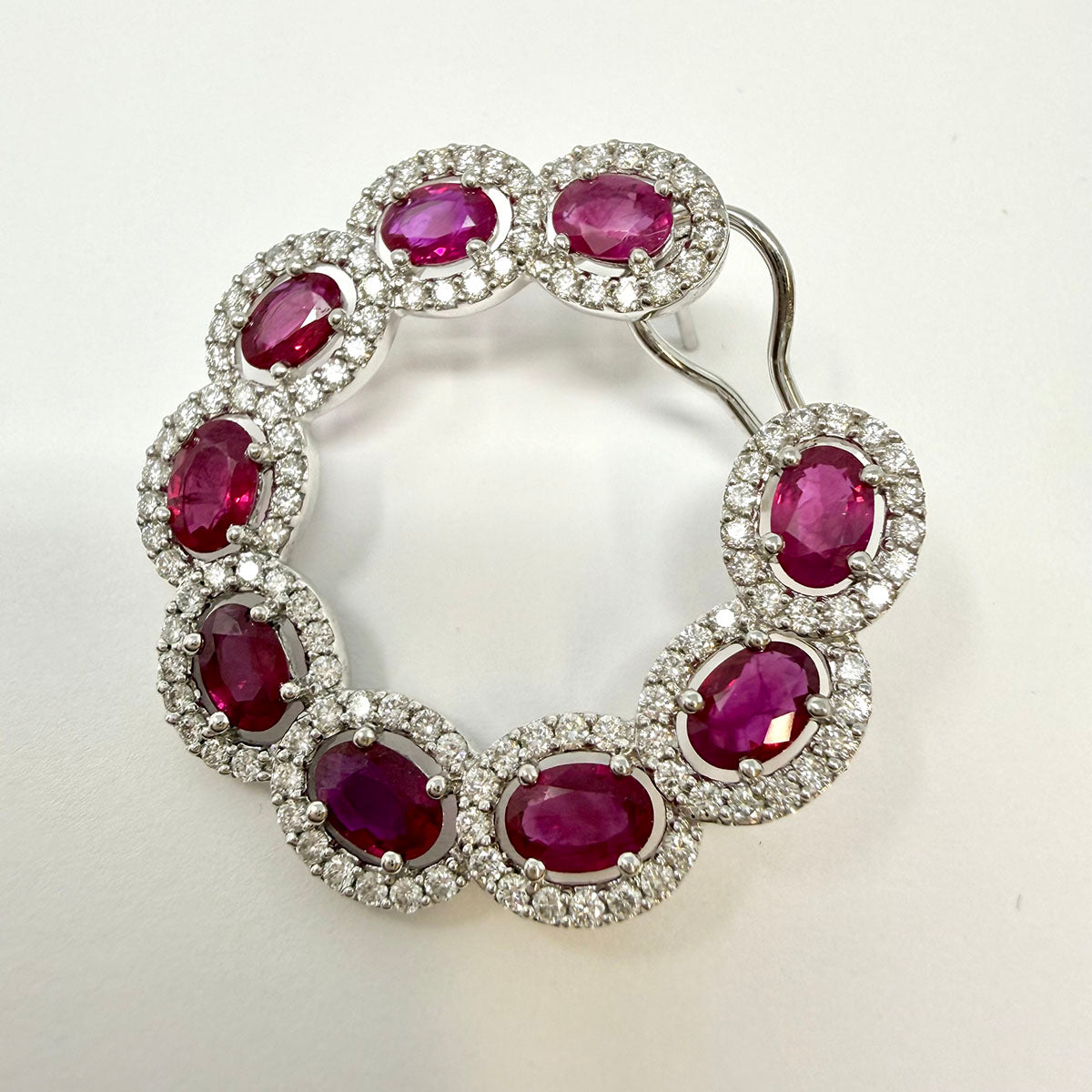 Hasbani 18K White Gold Round Earrings with Ruby and Diamonds