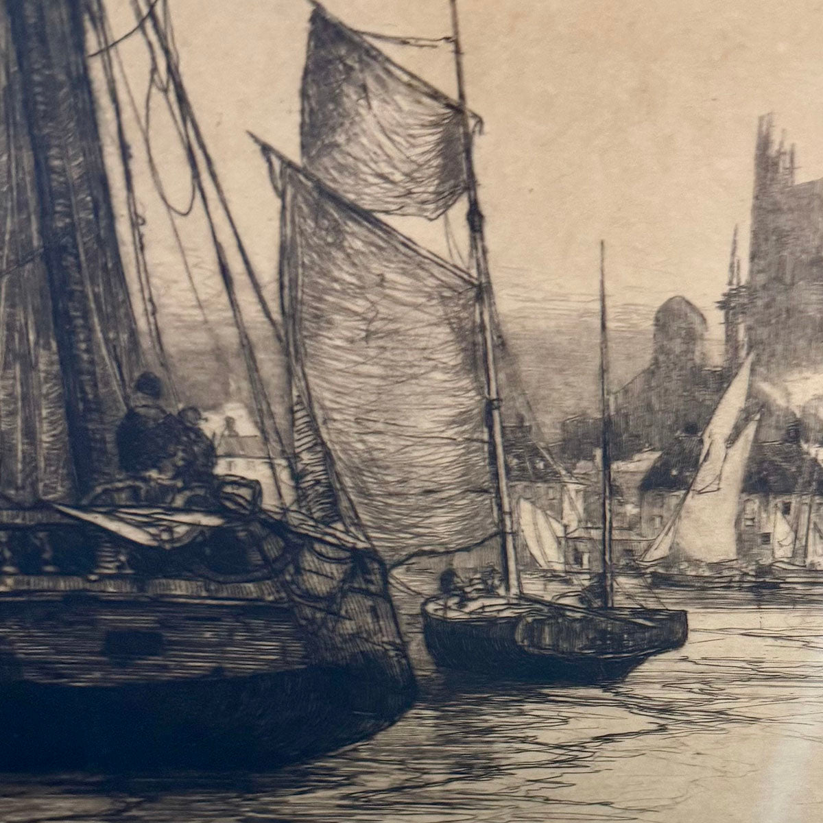 Framed Monochrome Etching of a Harbor with Ships 1887