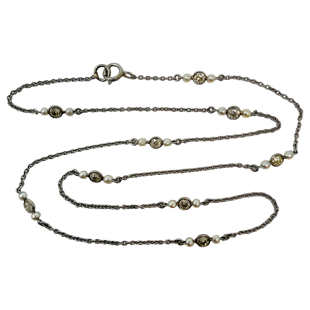 Platinum Necklace with 9 Round Bezel Set Diamonds and 18 Small Cultured Pearls