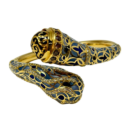 18K Gold Hinged Snake Bracelet with Diamonds and Enamel