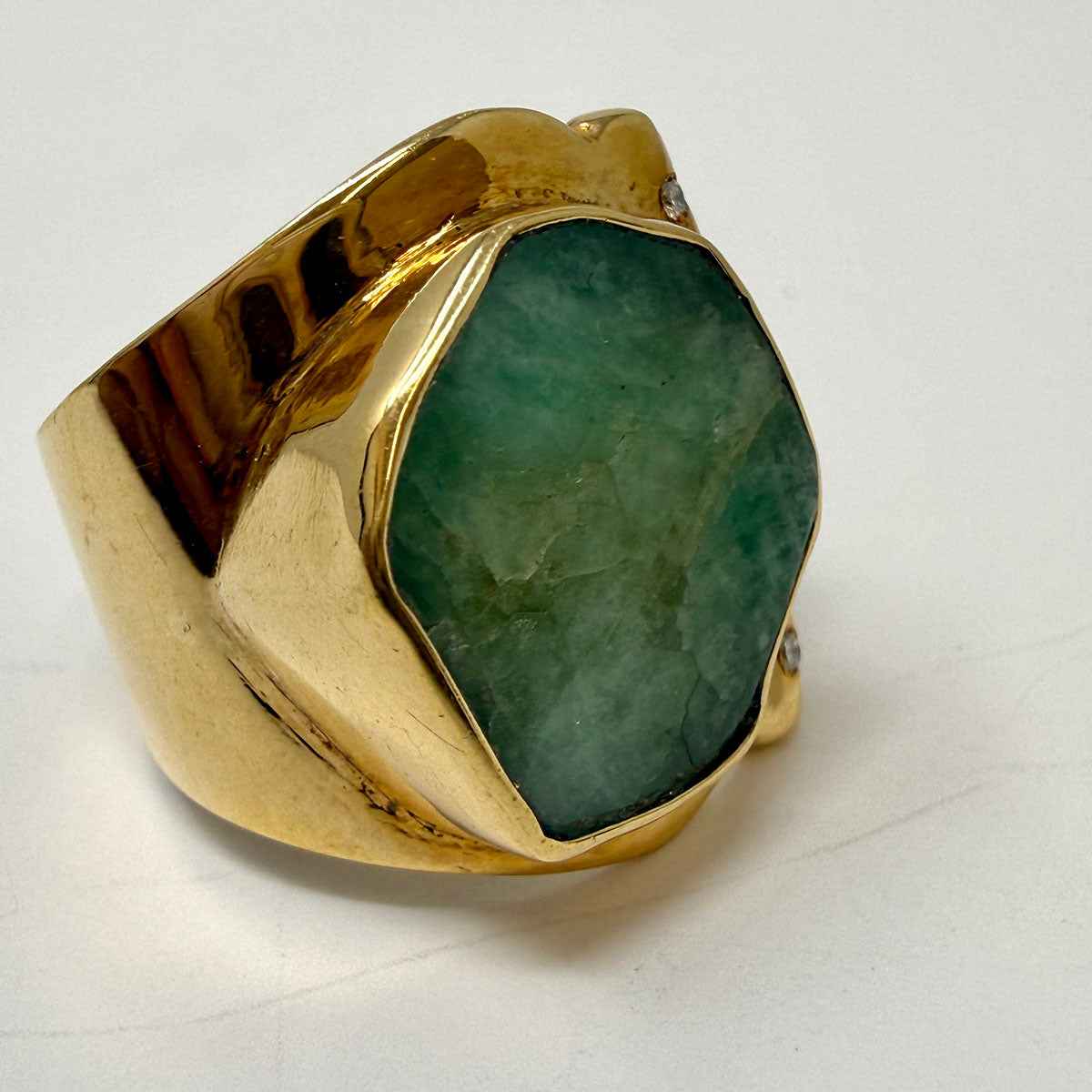 18K Gold Ring with Green Stone and Diamonds