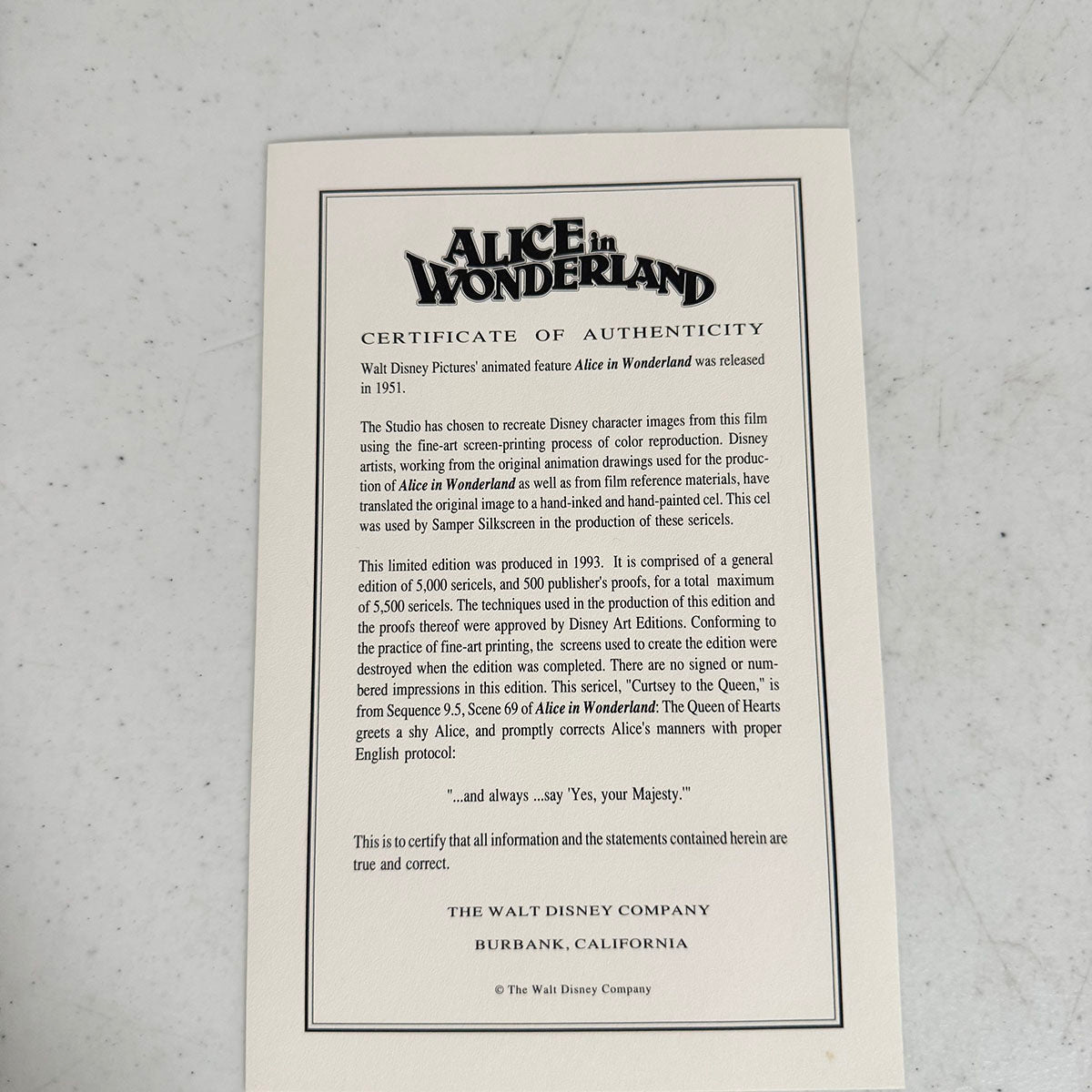 Disney Limited Edition "Alice in Wonderland" COA included