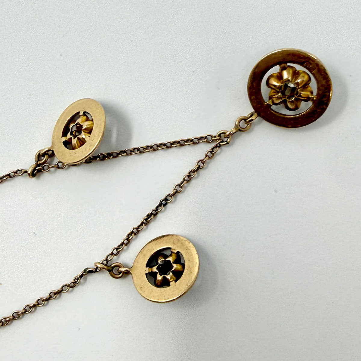 Vintage 10K Two-tone Rose and Yellow Gold Necklace with 3 Medallion Drops