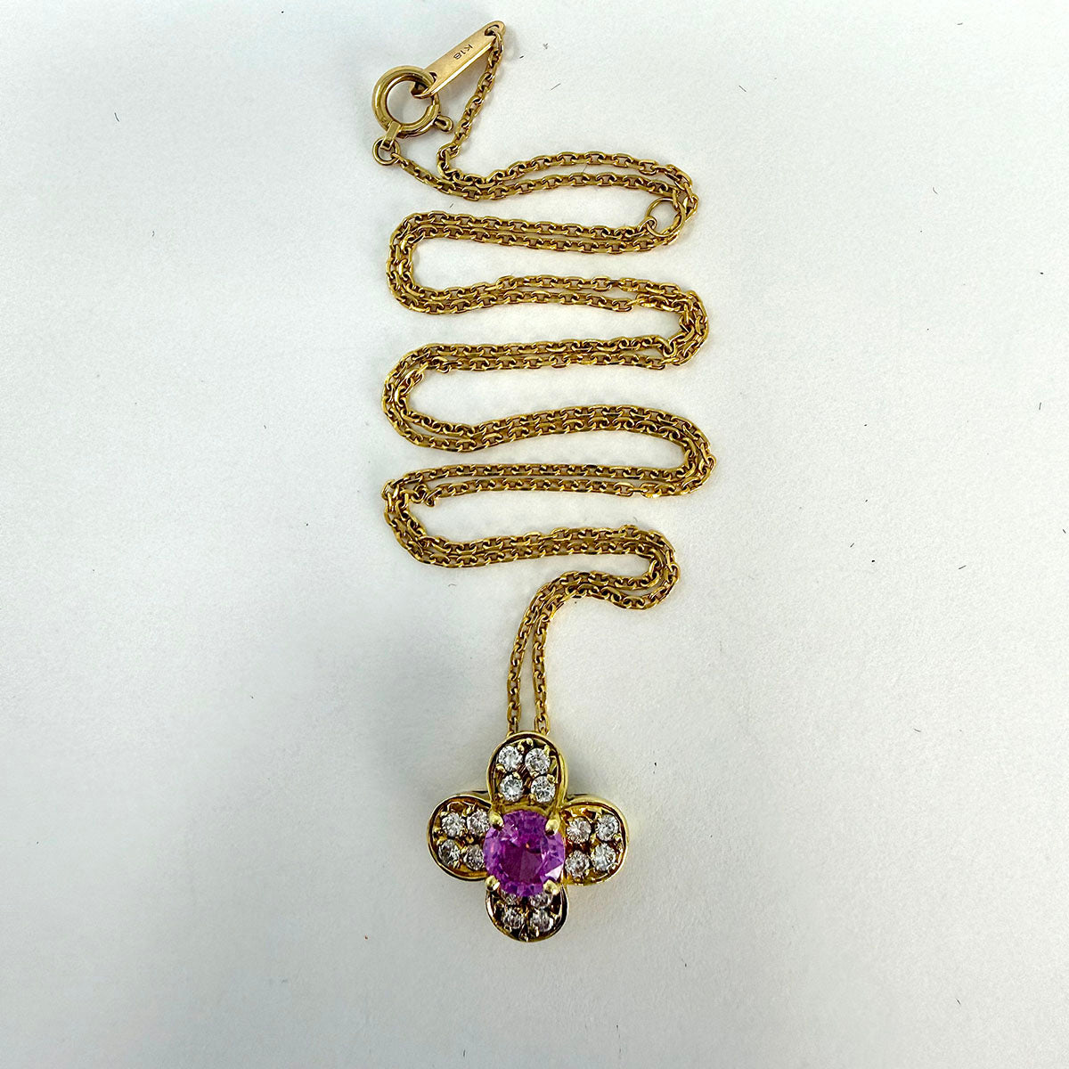 18K Gold with Flower Pendant with Pink Sapphire and Diamonds