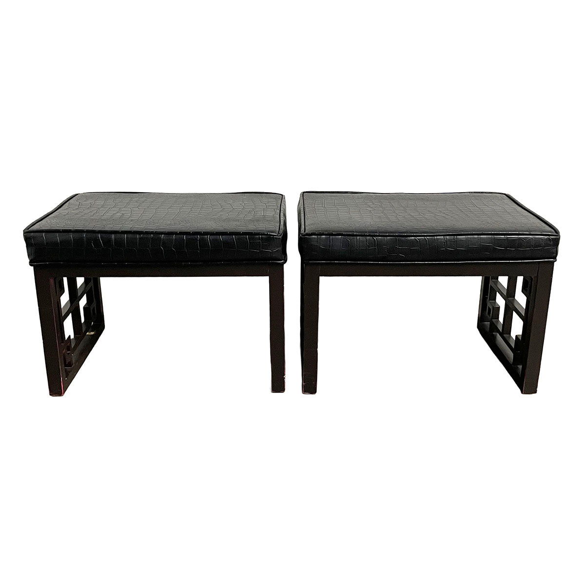 Pair of Black Crocodile-Embossed Upholstered Ottomans