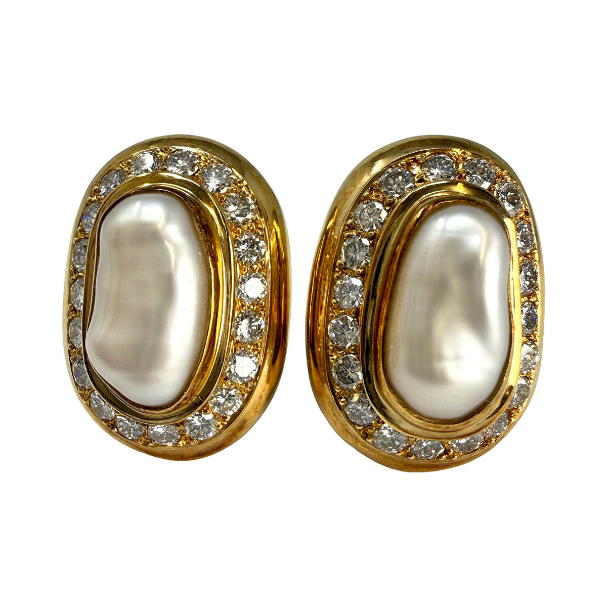 Susan Berman 18K Gold with 2 Baroque Biwa Pearl and Diamond Earrings