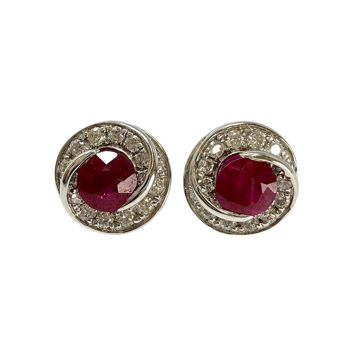18K White Gold  Ruby and Diamond Swirl Stud Earrings