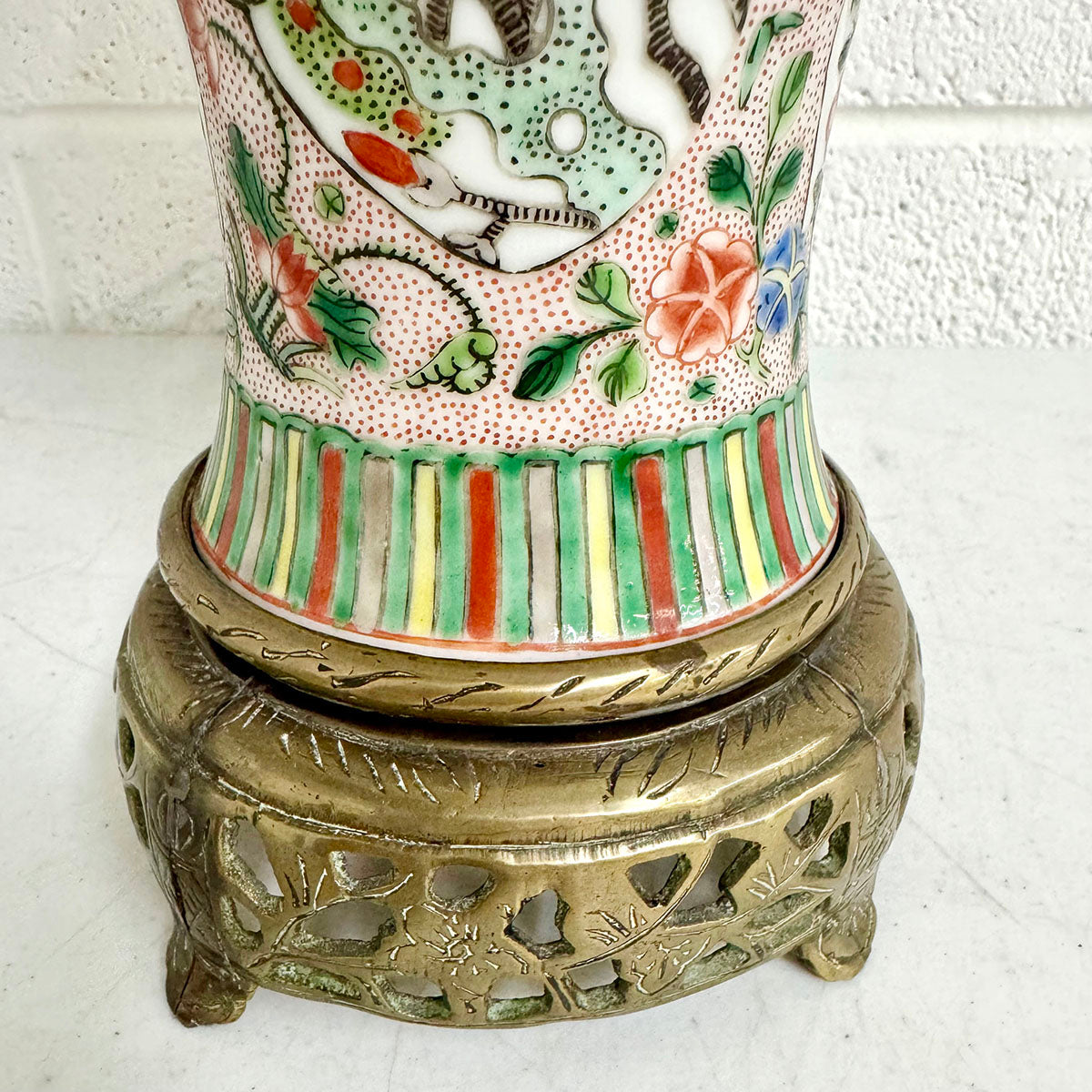 Vintage Asian Porcelain Famille Rose Vase Table Lamp with Shade
