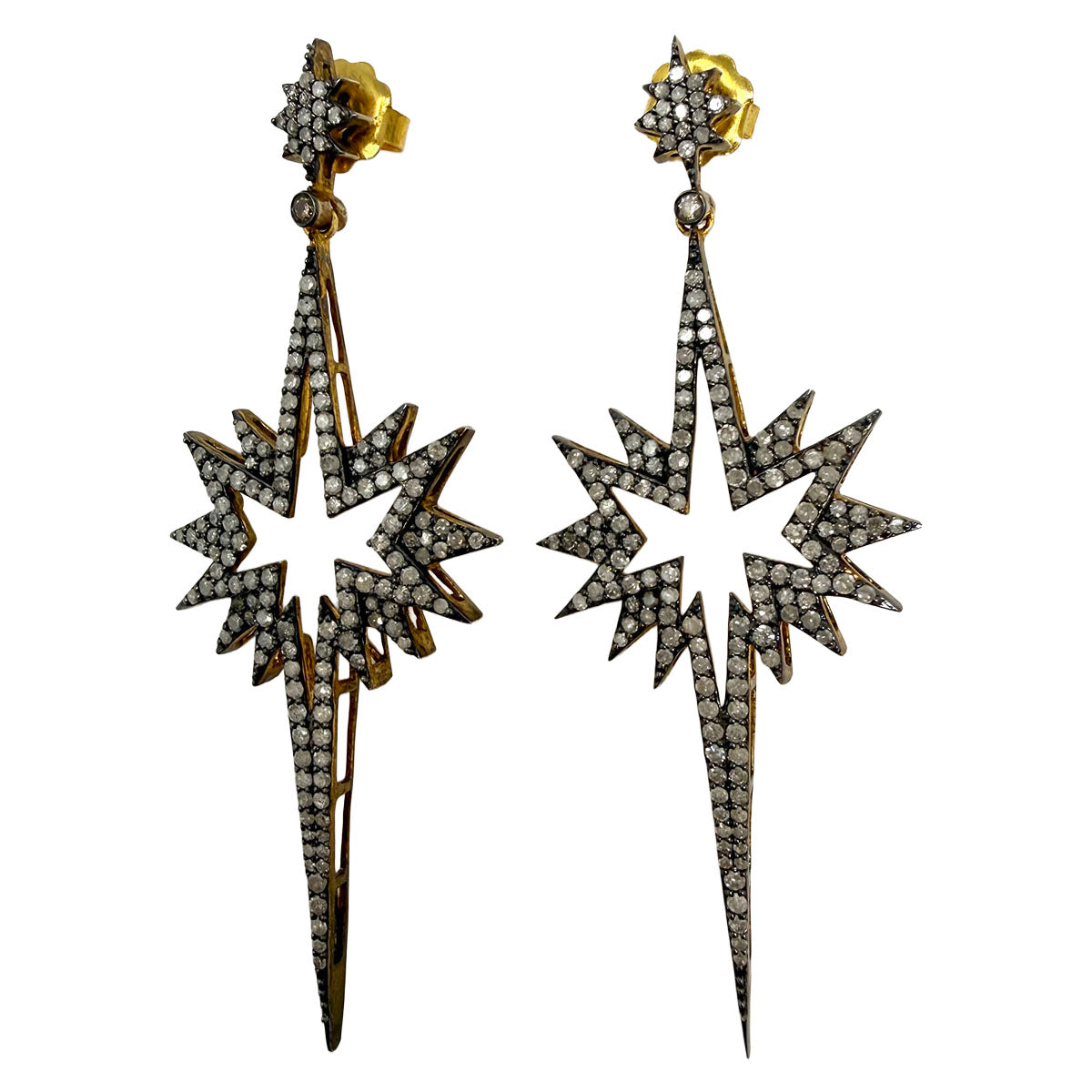 Sterling and Gold Plated Celestial Star Drop Earrings with Pave Diamonds