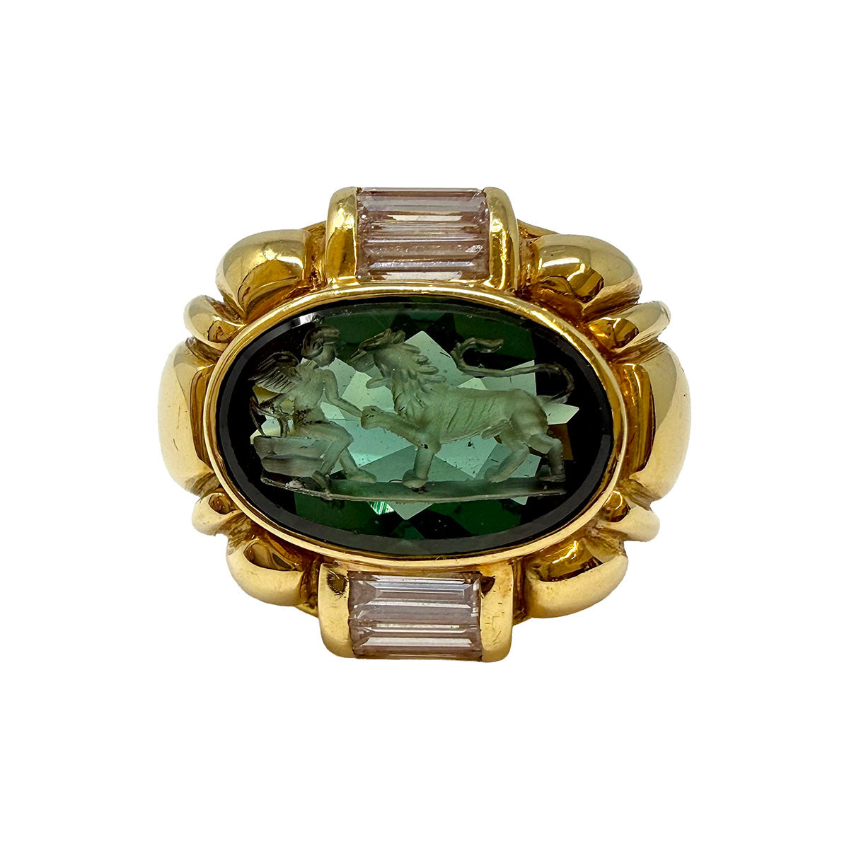 Susan Berman 18K Gold Ring with Oval Carved Intaglio Eros and Lion Tourmaline