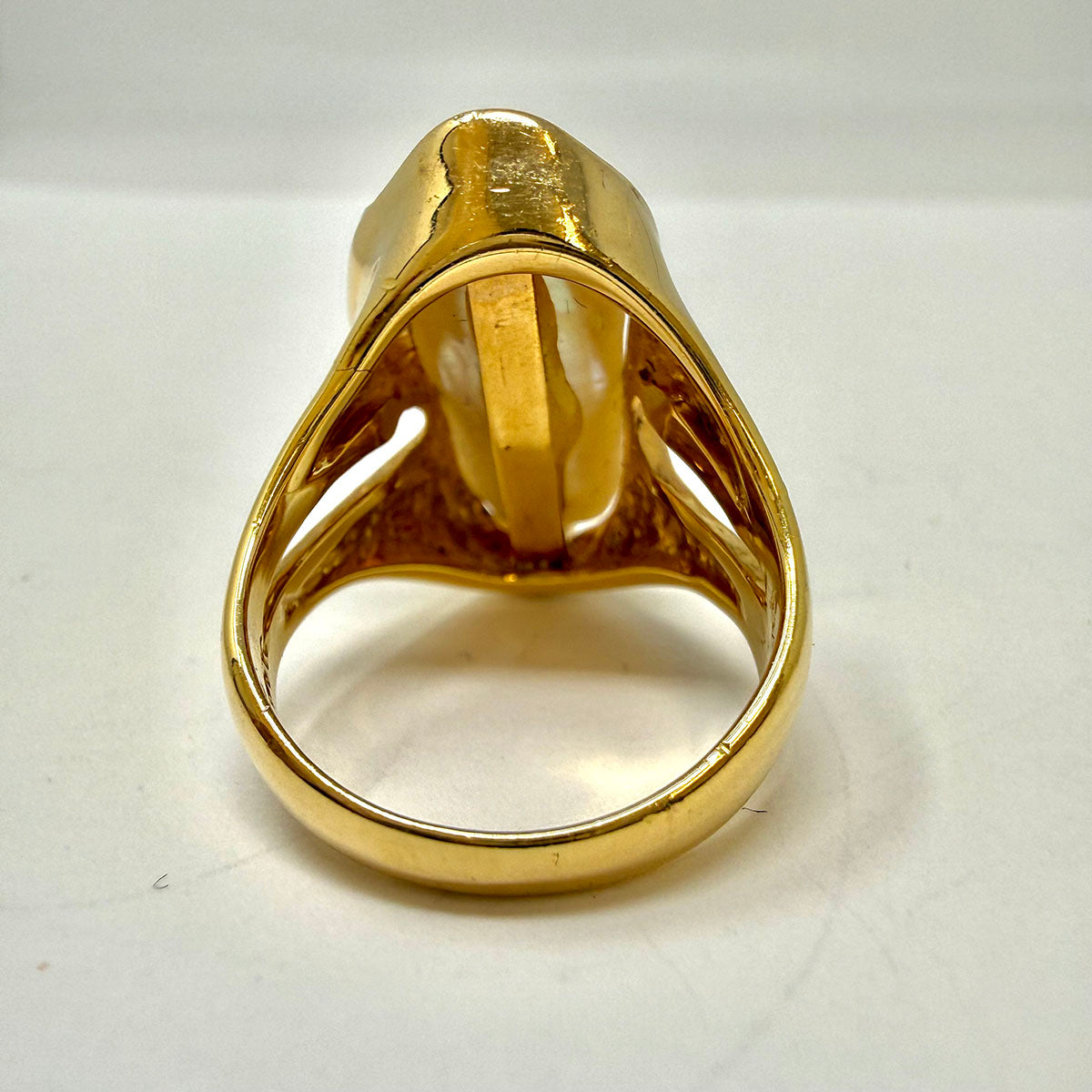 14K Yellow Gold Rudolph Friedman Ring with Elongated Pearl and 2 Diamonds