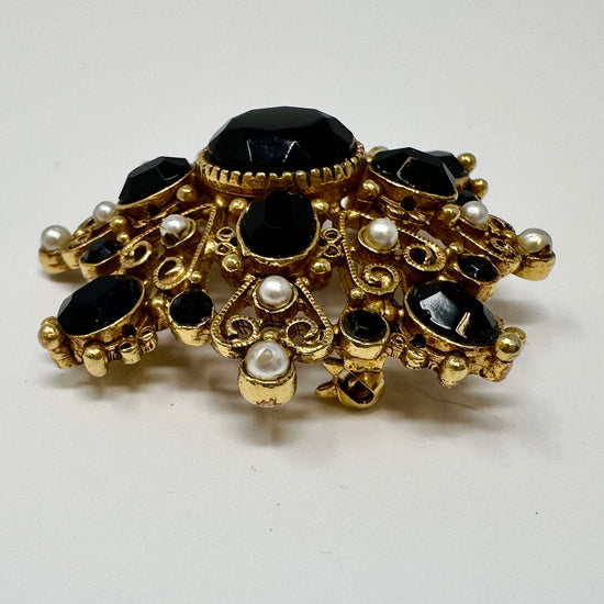 Florenza Ornate Gilded Brooch with Onyx and Pearl Accents