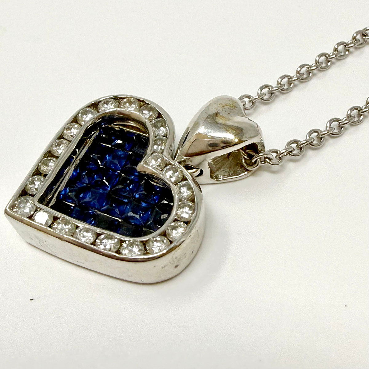14K White Gold Necklace with Sapphire and Diamond Heart Pendant