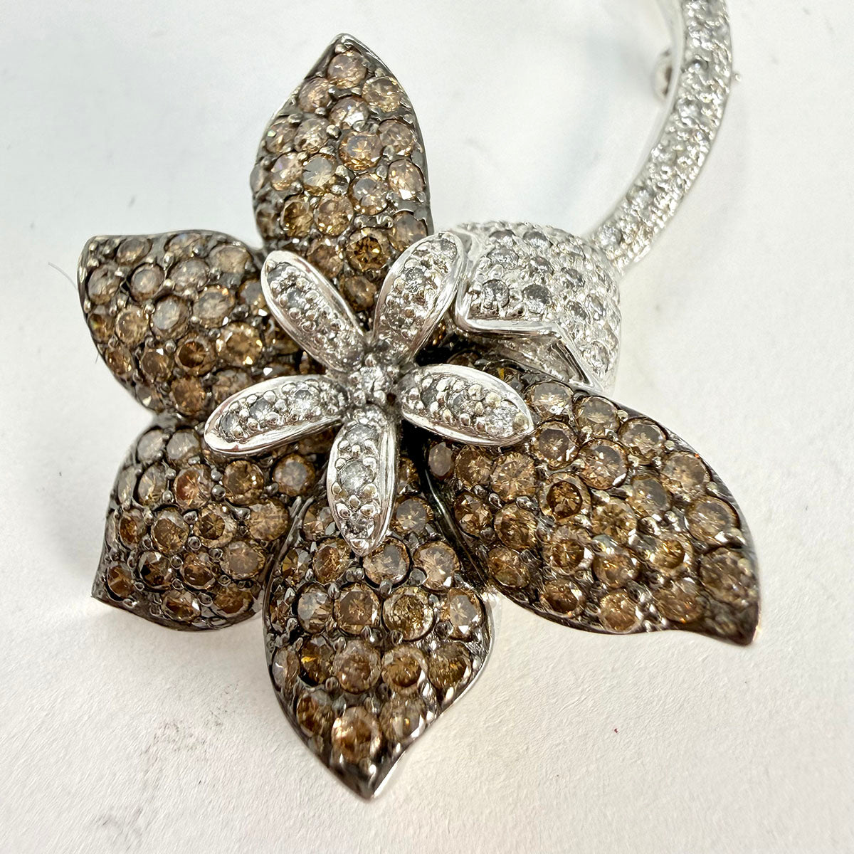 14K White Gold Flower Pin with White and Brown Diamonds