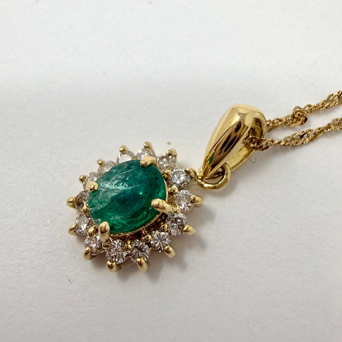 14K Gold Necklace with Emerald and Diamond Pendant