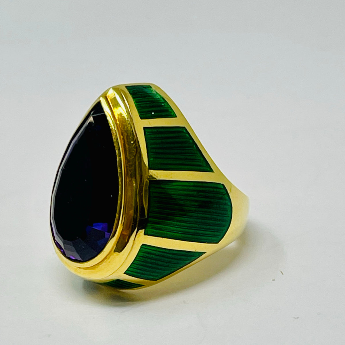 De Vroomen 18K Gold and Green Enameled Ring with Amethyst