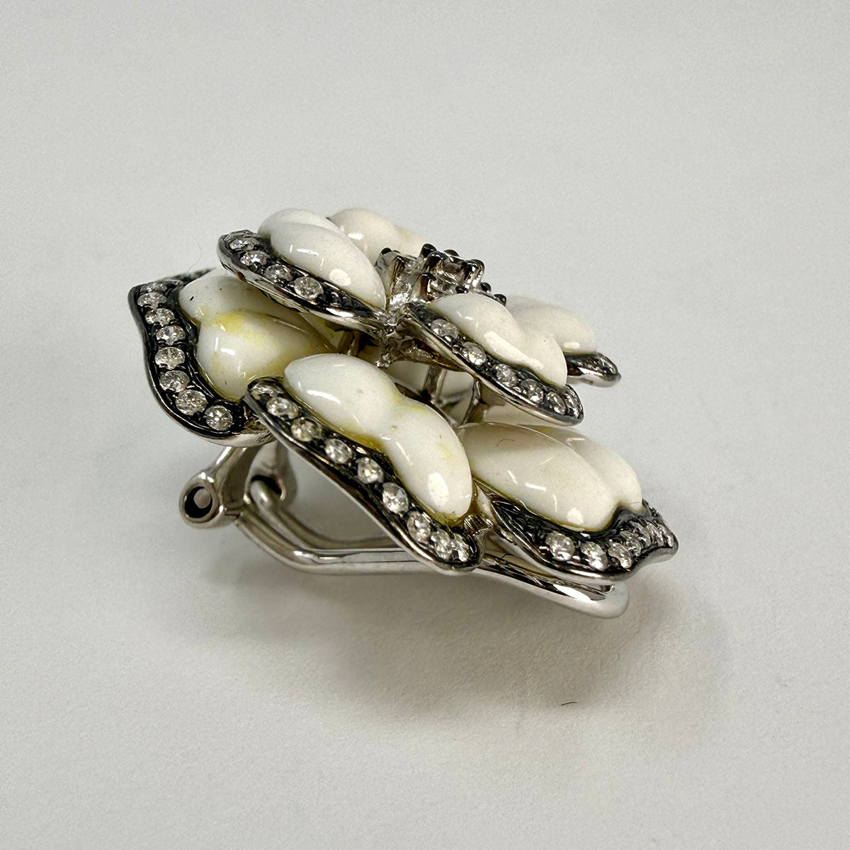 14K White Gold Three Dimensional Floral Shape Ceramic Earrings with Diamonds