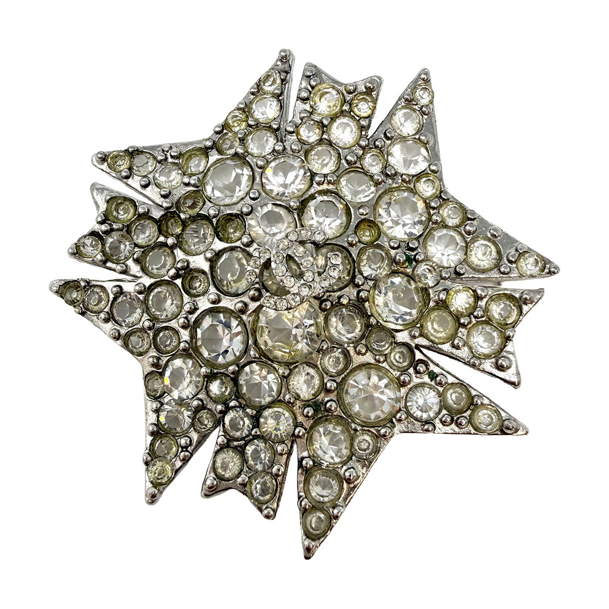 Chanel Silver CC Star Round Crystal Pin