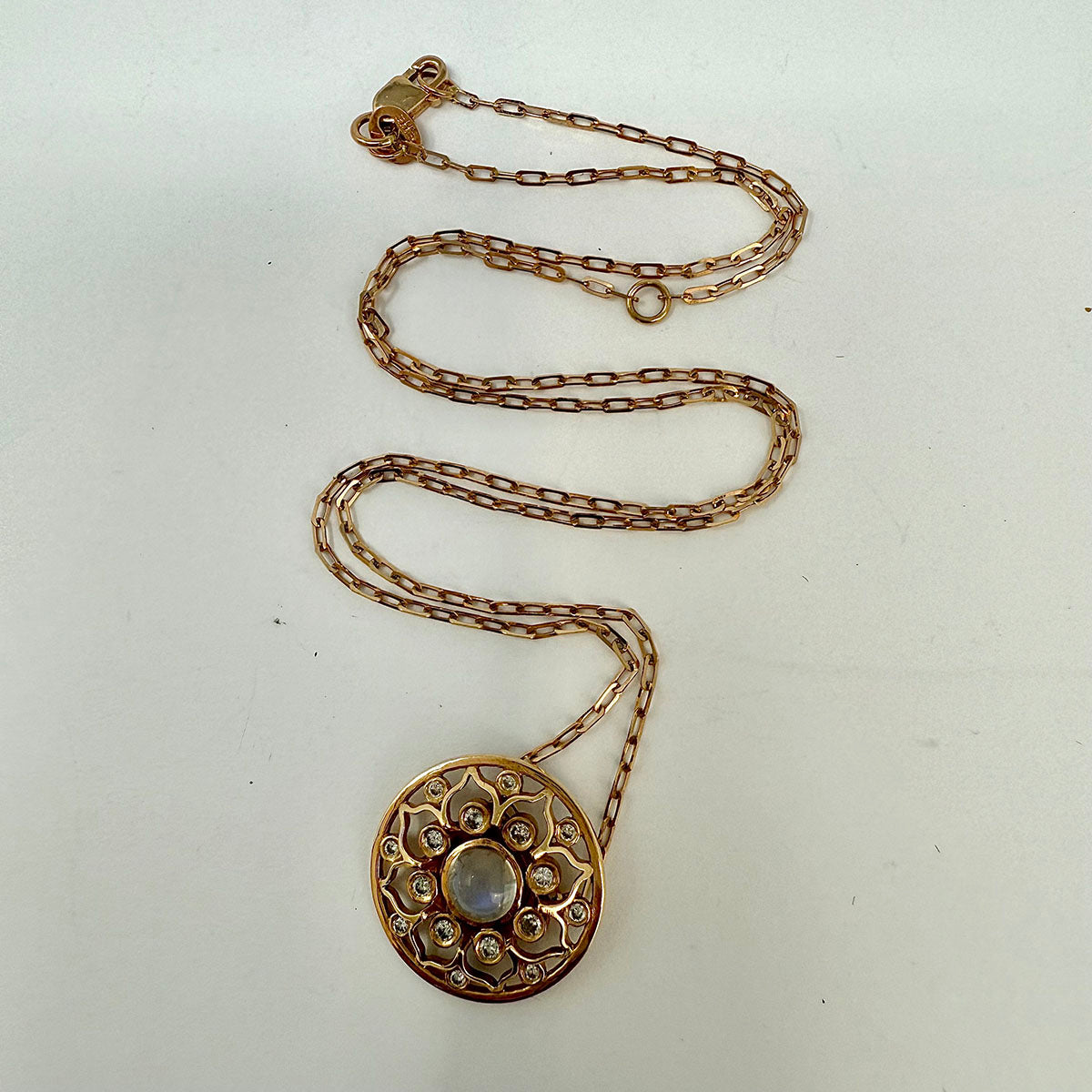 18K Rose Gold Necklace with Filigree Diamond and Moonstone Pendant