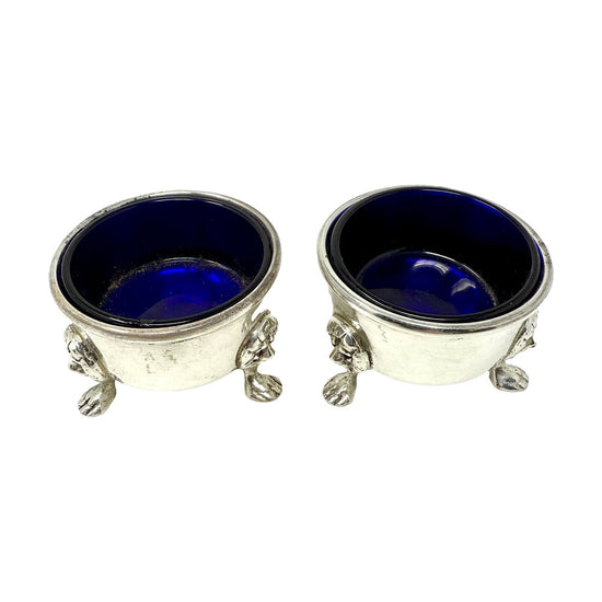 Pair of Glass Lined Repousse Sterling Salt Cellers