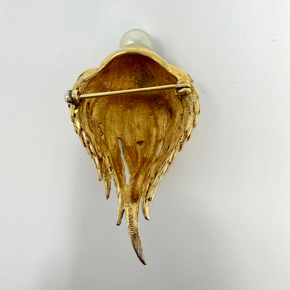 D'Orlan Gold-tone Shell Brooch with Rhinestones and Faux Pearl