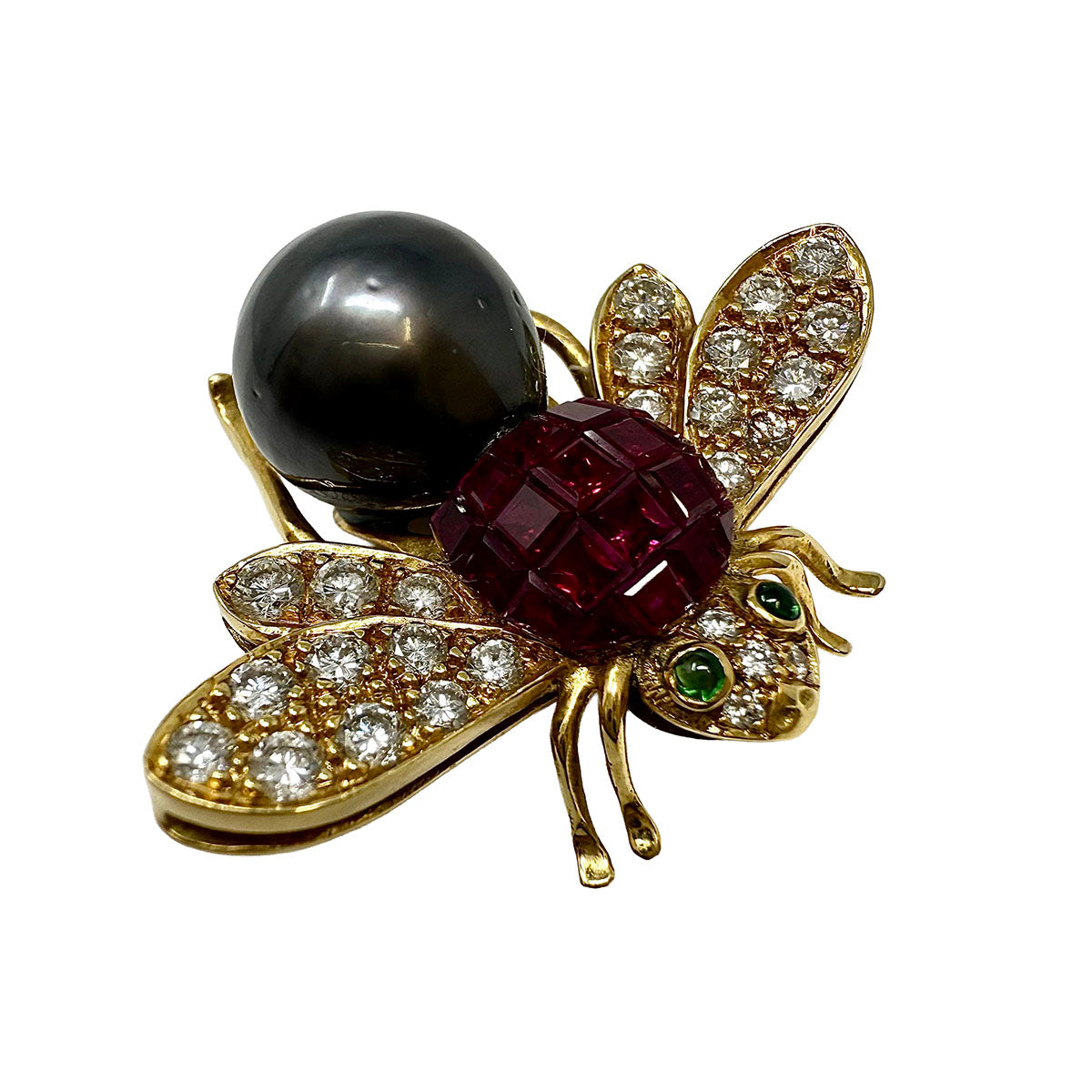 18K Gold Bee Pin with Tahitian Peal, Diamond, Ruby and Tsavorites