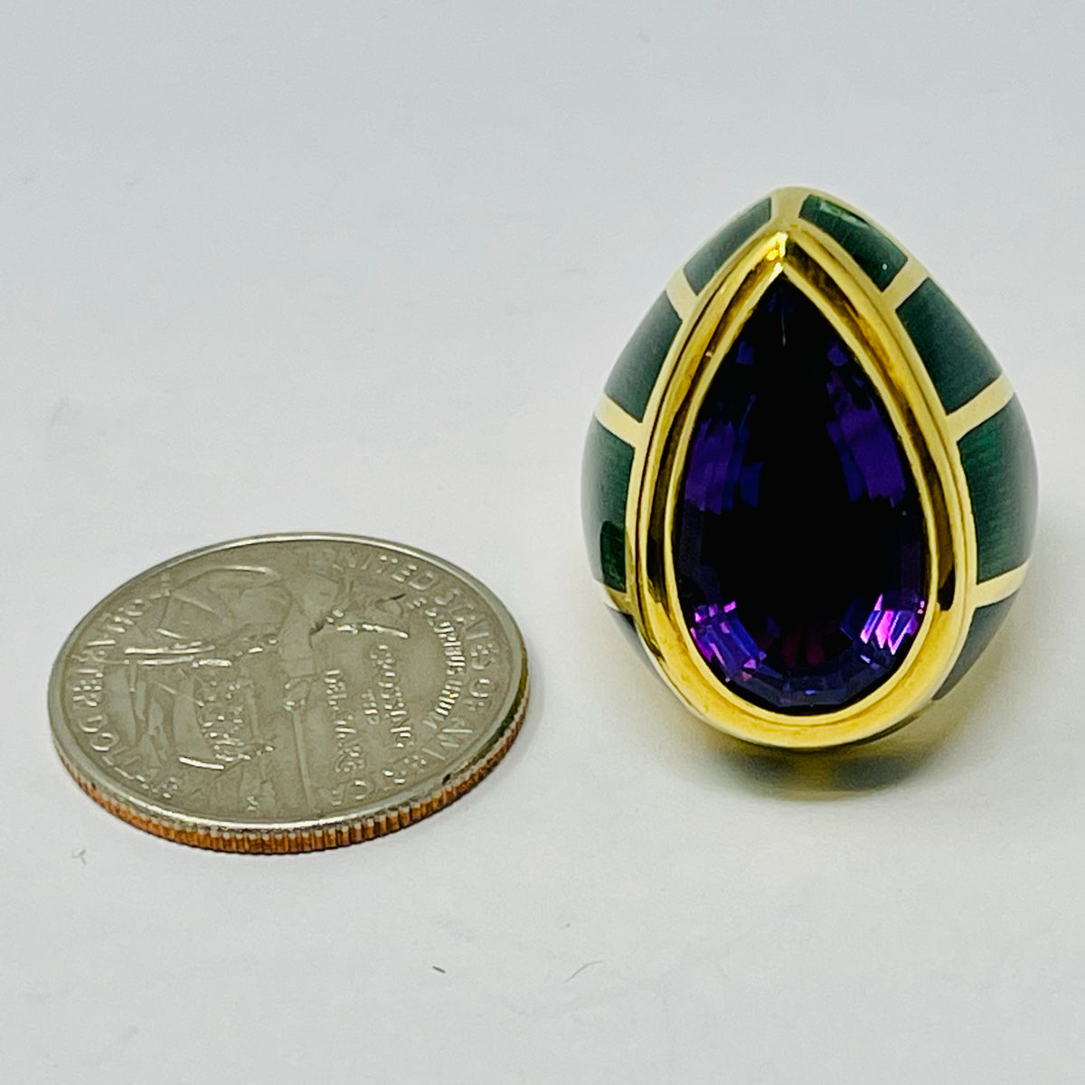 De Vroomen 18K Gold and Green Enameled Ring with Amethyst