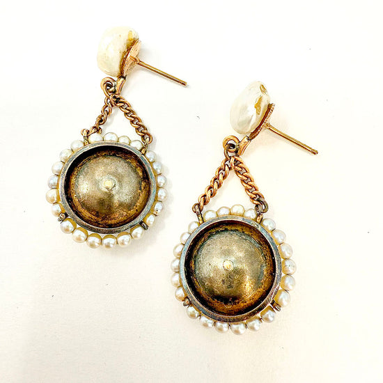 14K Gold Blue Enamel Drop Earrings with Pearls