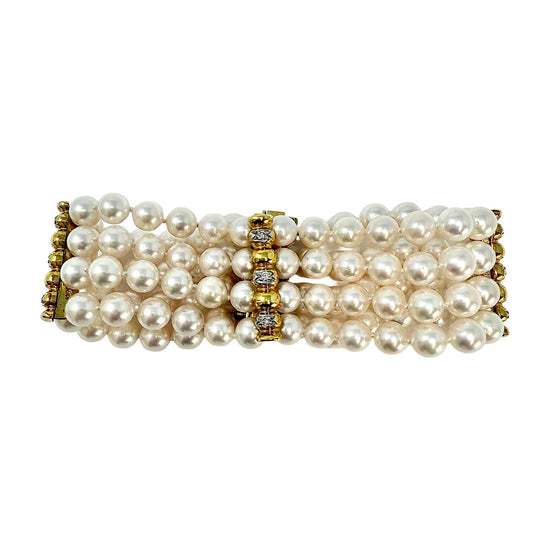 4 Strand Pearl Bracelet with Diamonds and 3 Diamond Bar Divider Bars